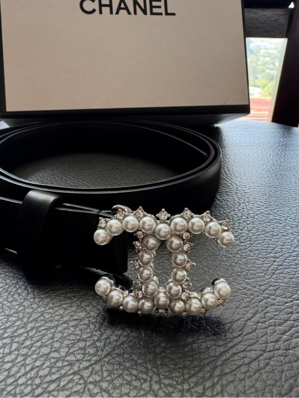 Black Leather Belt with Pearl & Rhinestone Accent Interlocking Buckle Women